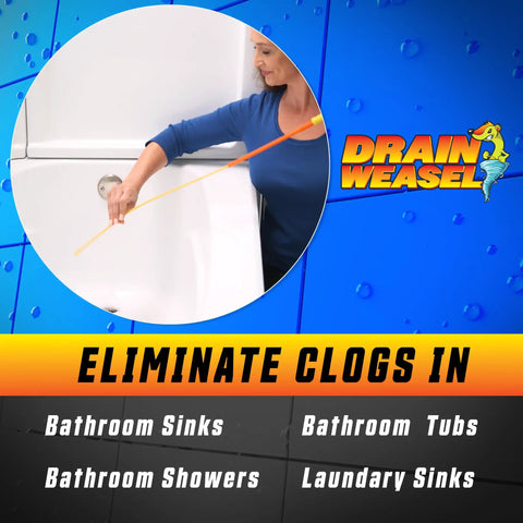 Person using Hair Clog Busting Drain Weasel Snake Tool For Sinks Showers And Tubs 30 Inch Long With 360 Rotation Dual Wands in a bathtub