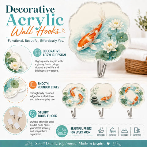 Top Shelf Apple Farmhouse Acrylic Wall Hooks With Hella Strong Adhesive Backing Super Cute Decorative Hanging Racks For Kitchen Counter Bathroom Shower Doors Quick Install Organization Solution Game Changer Sweet Country Vibes Set Of Four, decorative acrylic design with koi fish.
