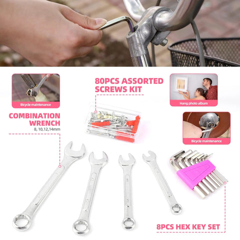 Pink 125 Piece Household Tool Set For Women Portable Tool Kit With Organizer Case For DIY Home Repairs, includes wrenches and screw kit