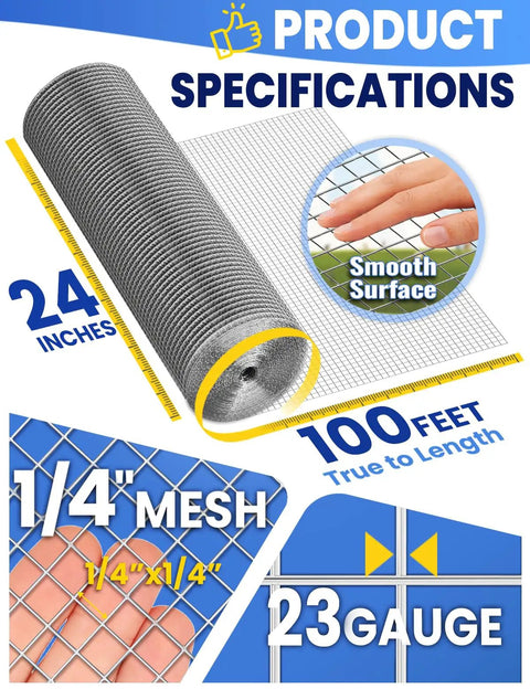 Quarter Inch Hardware Cloth Roll 24 Inch By 100 Foot Galvanized Welded Wire Mesh For Garden Fence Chicken Coop Pet Enclosure DIY Projects