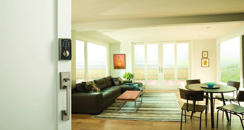 Century Front Entry Handleset With Latitude Lever Satin Nickel Finish in a modern living room, complementing elegant decor.