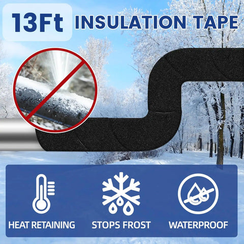No Nonsense Weatherproof Pipe Insulation Tape Roll 13 Ft By 2 In Self Adhesive Foam Wrap shown in a snowy outdoor setting