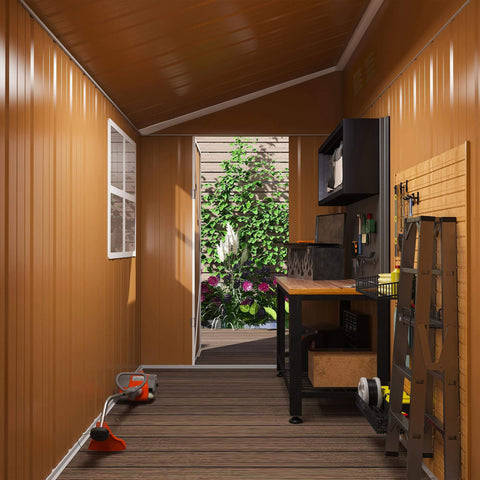 Interior view of Heavy Duty Metal Tool Shed With Windows Lockable Door And Ventilation Weatherproof Outdoor Storage 8 By 4 Feet