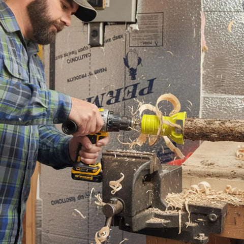 Killer One Inch Tenon Cutter With Beefy Twin Blades And Built In Scale Fits Half Inch Drills And Up in use on wood log.