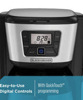 Close-up of digital controls on 12-Cup Thermal Coffee Maker With Wide Mouth Carafe And No-Drip Pour Spout, Black Silver Finish.