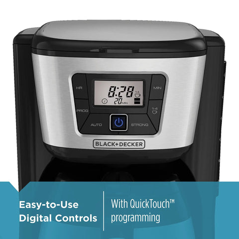 Close-up of digital controls on 12-Cup Thermal Coffee Maker With Wide Mouth Carafe And No-Drip Pour Spout, Black Silver Finish.