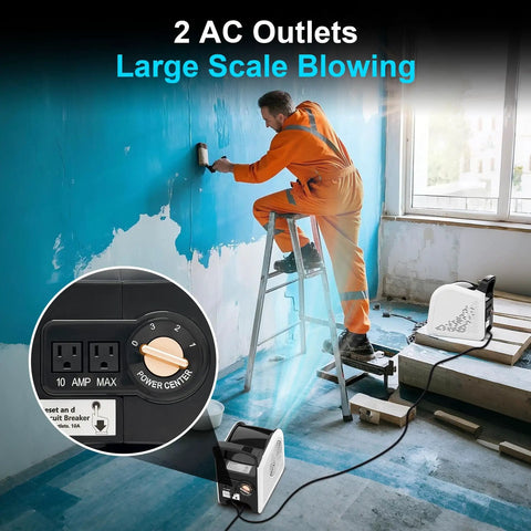 Person using Air Mover Blower Fan For Floor Drying And Cooling At Home Job Site Garage Or Shop With Three Speeds Portable Utility Fan Two AC Outlets And Reset Circuit Breaker in a room with peeling paint.