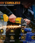 Cordless 4.5 Inch Angle Grinder With Brushless Motor And LED 3 Speed Settings in use cutting metal, sparks visible