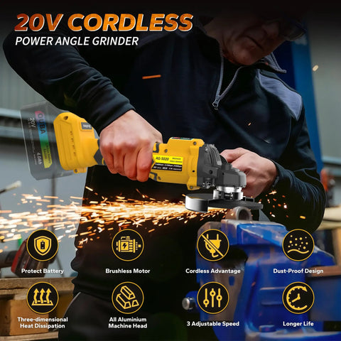 Cordless 4.5 Inch Angle Grinder With Brushless Motor And LED 3 Speed Settings in use cutting metal, sparks visible