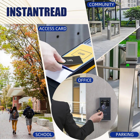 Collage of RFID card uses in school, office, and parking; Handheld RFID Card Reader And Writer 125KHz For T5577 And EM4305