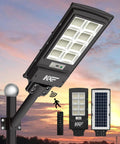Ultra Bright 350000LM Solar Street Lights With 384 LEDs 1500W Dusk To Dawn Motion Sensor Flood Lights, mounted on pole, scenic sunset