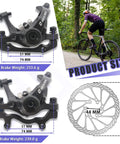 Heavy Duty Mountain Bike Mechanical Disc Brake Kit Featuring Double Piston Calipers And Premium Resin Pads To Bomb Downhill Runs And Shred Technical Trails with size specs.