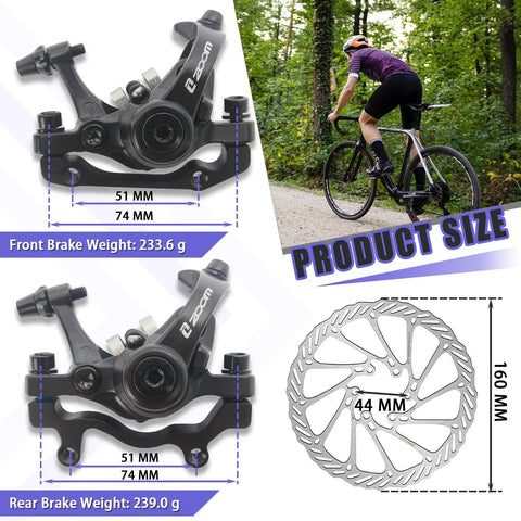 Heavy Duty Mountain Bike Mechanical Disc Brake Kit Featuring Double Piston Calipers And Premium Resin Pads To Bomb Downhill Runs And Shred Technical Trails with size specs.
