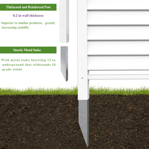 Reinforced White Vinyl Privacy Screen Panel Kit Built To Last 36 W X 45 H Tough As Nails Windproof Louvered Fence Shield showing sturdy metal stake insertion.