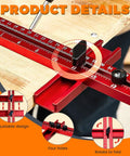 Slick Adjustable Router Bracket And Circle Cutting Jig For Woodworking showing adjustable red measuring ruler with four holes.