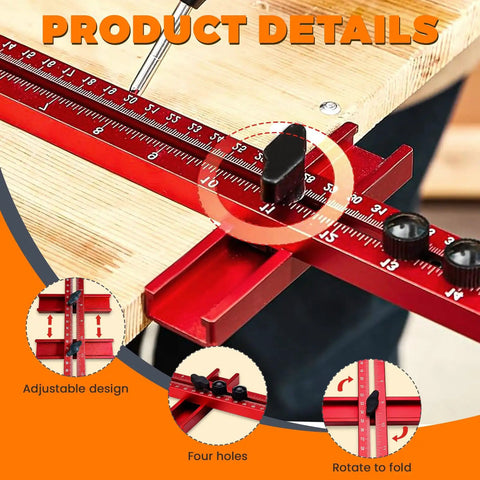Slick Adjustable Router Bracket And Circle Cutting Jig For Woodworking showing adjustable red measuring ruler with four holes.