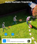 Auto human tracking feature demonstrated in backyard with detected activity notification on lawn care.