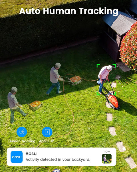 Auto human tracking feature demonstrated in backyard with detected activity notification on lawn care.