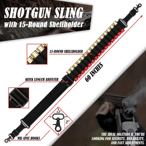 Heavy Duty Shotgun Sling with 15-Round Shellholder for 12 Gauge Adjustable Nylon Strap Mil Spec Swivels and Metal Hooks Studs Included