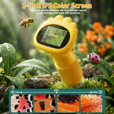 4K 1000X Digital Microscope For Curious Kids With 2 Inch IPS Screen Yellow Color Real 200-1000X Magnification, leaf view