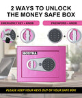 Fireproof Safe Box With Sensor Light And Digital Keypad Small Home Money Safe For Cash And Jewelry Security Safe Box Zero Point Twenty Three Cubic Feet Pink With Fireproof Bag Compact Build And Quick Access Passcode shown in two unlocking methods