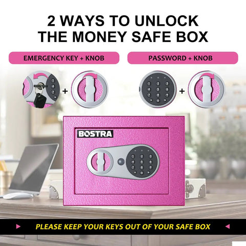 Fireproof Safe Box With Sensor Light And Digital Keypad Small Home Money Safe For Cash And Jewelry Security Safe Box Zero Point Twenty Three Cubic Feet Pink With Fireproof Bag Compact Build And Quick Access Passcode shown in two unlocking methods