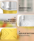 Close-up of smooth edge and non-slip bottom features on aluminum pans from four sets disposable chafing dishes buffet set.