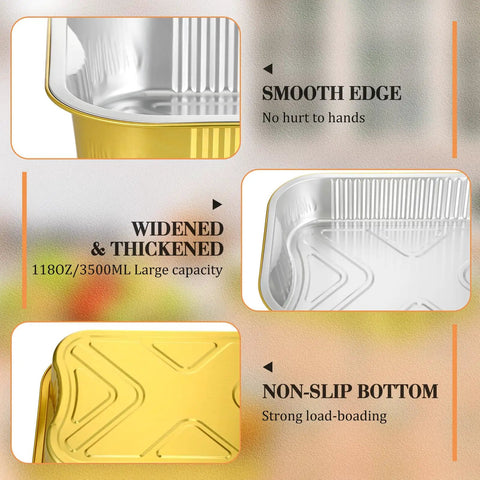 Close-up of smooth edge and non-slip bottom features on aluminum pans from four sets disposable chafing dishes buffet set.