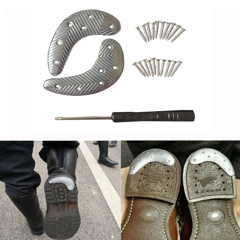 Sole Repair Kit For Men's Shoes And Boots With Metal Heel Plates And Threaded Nails Heavy Duty Silver Finish Workhorse Gear