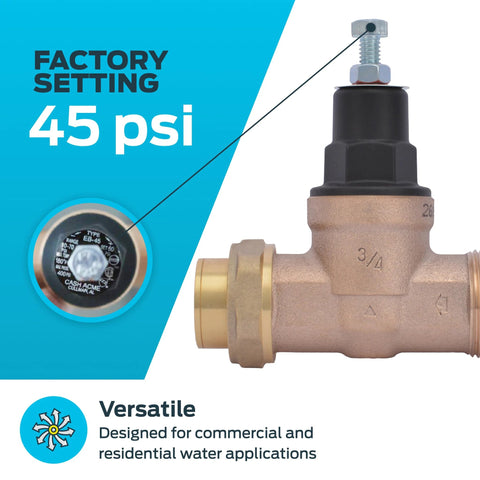 EB45 3/4 in single-union pressure regulator valve, brass body with black cap, 45 psi (Cash Acme)