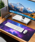 Galaxy Space XXL Gaming Mouse Pad 31.5 x 11.8 Inch Large Desk Mat with Smooth Surface Non Slip Rubber Base Stitched Edges under keyboard and mouse on desk.