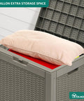 32 Gallon Rattan Deck Box With Lockable Lid And Side Handles, Outdoor Storage Chest open with cushion displayed