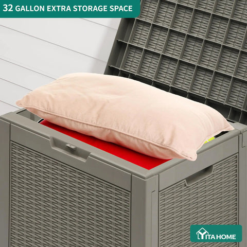 32 Gallon Rattan Deck Box With Lockable Lid And Side Handles, Outdoor Storage Chest open with cushion displayed