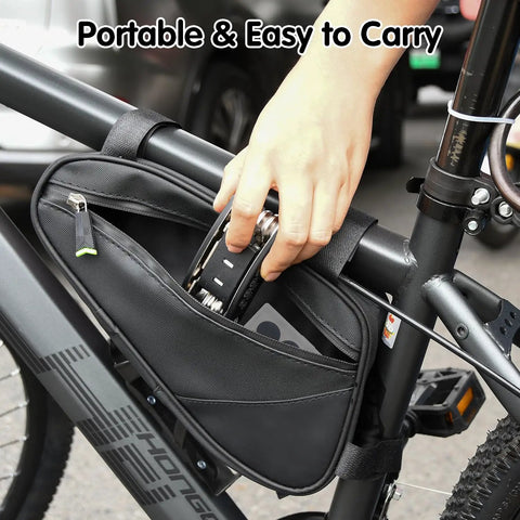 Hand placing Tire Repair Tool Kit With 16-In-1 Multitool Levers Patches And Metal Polish into bike bag