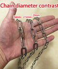 Hand holding three chains showing diameter comparison: 3mm, 2.5mm, 2mm for Stainless Steel Chain 2.5mm 3M Grab And Go Light Duty Utility Chain For Home Outdoor Camping Hanging Pets Security 110 Lbs Safe Load Rust Resistant Durable 9.8 Feet Long.