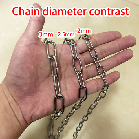 Hand holding three chains showing diameter comparison: 3mm, 2.5mm, 2mm for Stainless Steel Chain 2.5mm 3M Grab And Go Light Duty Utility Chain For Home Outdoor Camping Hanging Pets Security 110 Lbs Safe Load Rust Resistant Durable 9.8 Feet Long.
