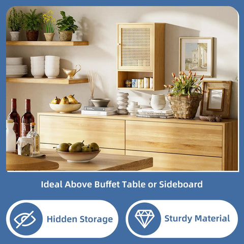 Rattan Bamboo Over The Toilet Wall Cabinet With Adjustable Inside Shelf And Open Lower Shelf Space Saver for small spaces.