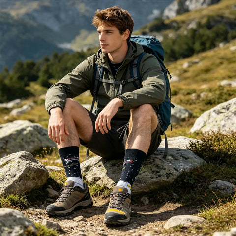 Man sitting on rocks wearing Crazy Colorful Mens Dress Socks For Men Size 8 To 12 Crew Length Dope Patterned Dress Socks