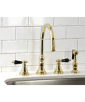 Duchess Widespread Kitchen Faucet Sprayer in polished brass with solid brass build, deck mount, includes side sprayer and lever handles