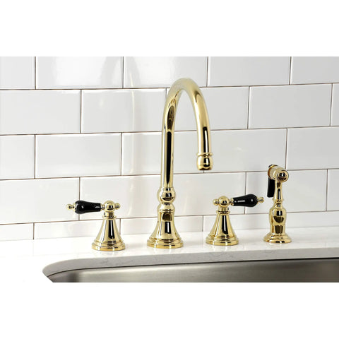 Duchess Widespread Kitchen Faucet Sprayer in polished brass with solid brass build, deck mount, includes side sprayer and lever handles
