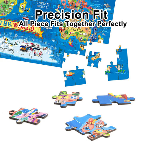 Large 200 Piece World Map Puzzle For Kids And Adults Floor Jigsaw Map For Learning Geography with pieces fitting together