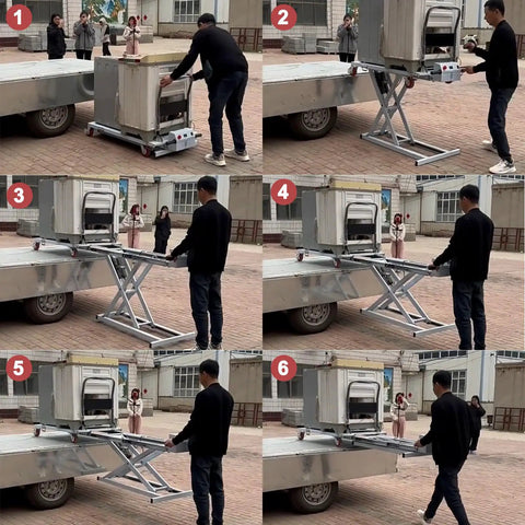 Rock Solid Electric Hydraulic Scissor Lift Cart With Six Hundred Sixty Pound Load Rating And Forty Inch Foldable Work Platform in use lifting appliance.