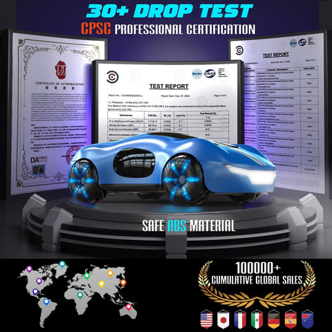 Gesture Sensing RC Car With 2.4GHz Remote And Wrist Control, 360 Degree Spins, CPSC certified, blue car with LED lights on display