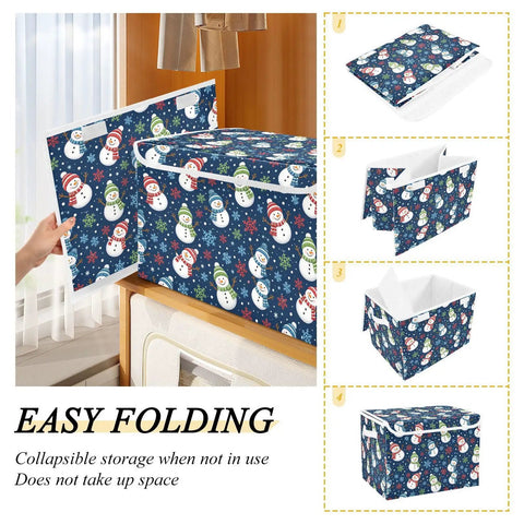Premium Quality Collapsible Fabric Storage Bin With Secure Flip Top Lid And Sturdy Side Handles For Home Bedroom Closet Shelf Organization Everyday Box in snowman design.