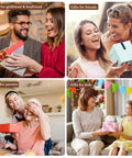 Collage showing gift exchanges with people: couple, friends, parents, and child with gift boxes of different sizes and colors.