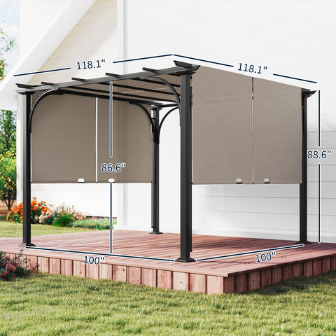 10x10 Patio Pergola with Weather Resistant Steel Frame and Fully Adjustable Sliding Canopy on deck in a backyard