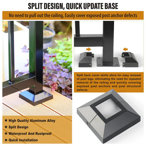 Heavy Duty 8 Pack 2X2 Aluminum Deck Post Base Covers With Slick Matte Black Finish, showcasing split design for quick updates.
