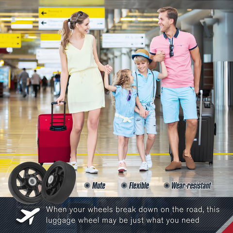 Family at airport with suitcases, promoting 4 Pcs Luggage Wheels Replacement 50x14mm Suitcase Wheels For Travel 2 Inch Diameter Rim