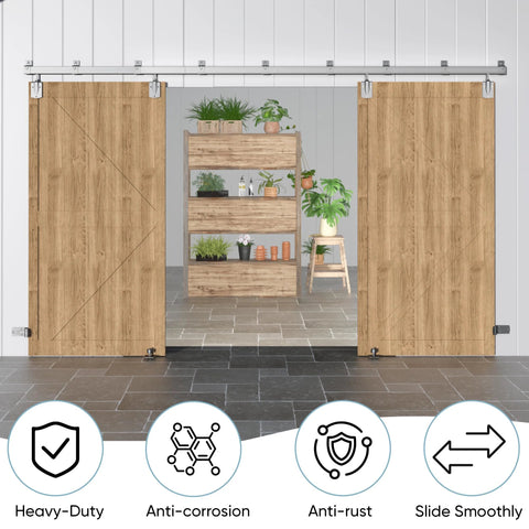14 Ft Heavy Duty Box Rail Exterior Barn Door Hardware Kit for Two Doors Sliding Track System Outdoor Use with Anti Corrosion Finish, doors not included