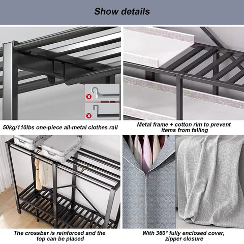 Top Shelf Heavy-Duty Foldable Clothes Wardrobe showing all-metal clothes rail, protective cover, and organized garment storage.
